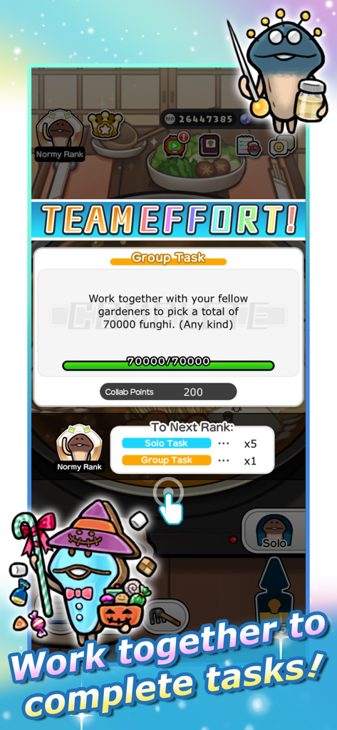 Everyone's Mushroom Garden - Una pantalla de Tarea Grupal completada en El Jardín de Hongos de Todos que muestra un objetivo de esfuerzo de equipo alcanzado para la recolección de hongos.
