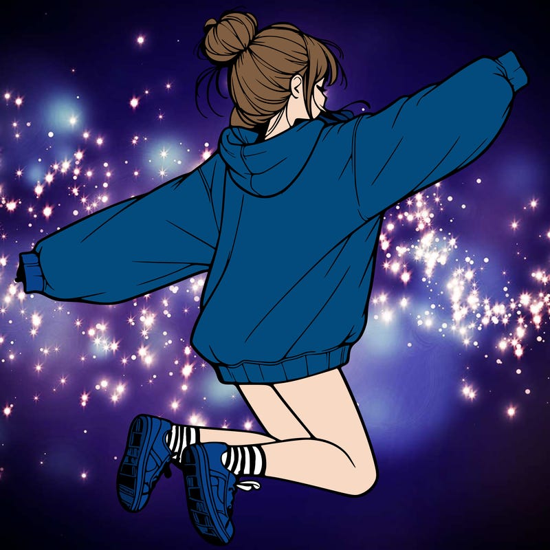 realistic girl jumping with a bun and oversized sweatshirt