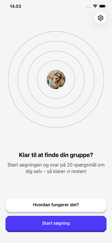 POPPY - Pantalla de incorporación de la app POPPY con un gráfico de radar y un botón para iniciar la búsqueda de un grupo de padres