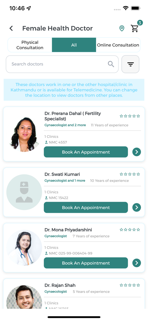 List of female health doctors and gynaecologists on the Cura Health app with booking buttons and consultation filters