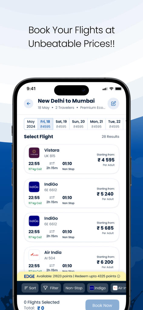 ニューデリーからムンバイへの航空便検索結果を表示するトーマス・クック・ホリデーズ・アプリ。さまざまな航空会社と価格が表示されている