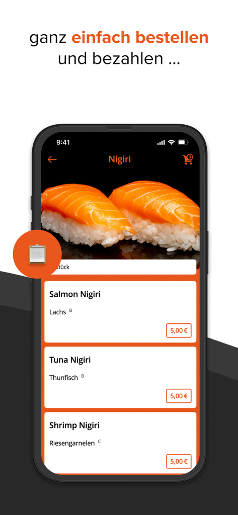 Sushi Boss Saarbrücken Dudw. - Mobile App-Oberfläche von Sushi Boss, die ein Nigiri-Sushi-Menü mit Lachs-, Thunfisch- und Garnelenoptionen zeigt
