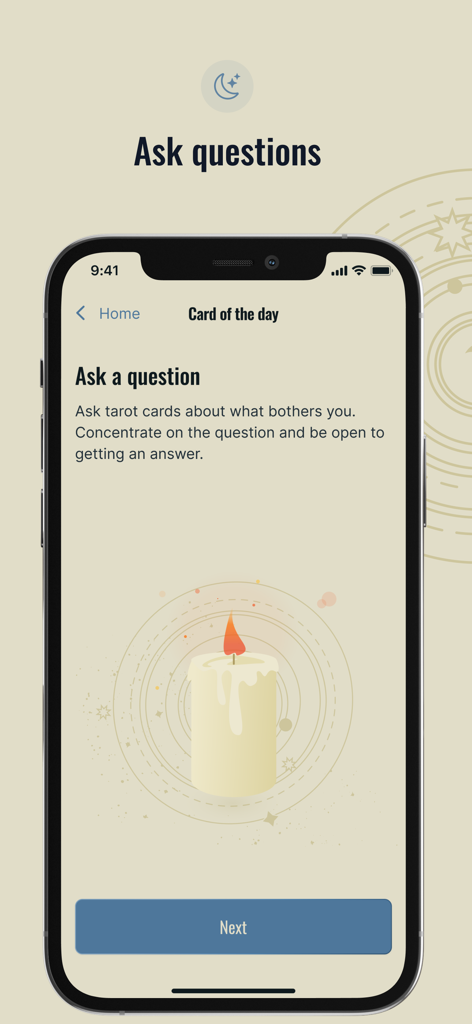 Eine Smartphone-Anzeige, die die Funktion 'Frage stellen' der Tarot-Vorhersage-App mit einer beleuchteten Kerzengrafik und minimalistischem Design zeigt