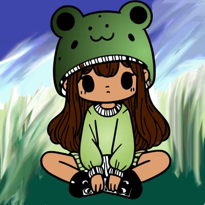 a girl wearing a frog hat and some frog socks