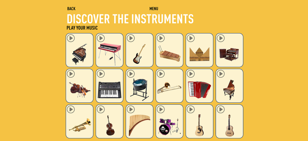 PLAYnJAM - Un menú en la aplicación PLAYnJAM que muestra una cuadrícula de diferentes instrumentos musicales para explorar