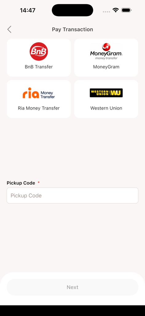 BnB POS - Interfaz de la aplicación BnB POS mostrando una selección de servicios de transferencia de dinero, incluyendo MoneyGram, Ria y Western Union para pagar transacciones.