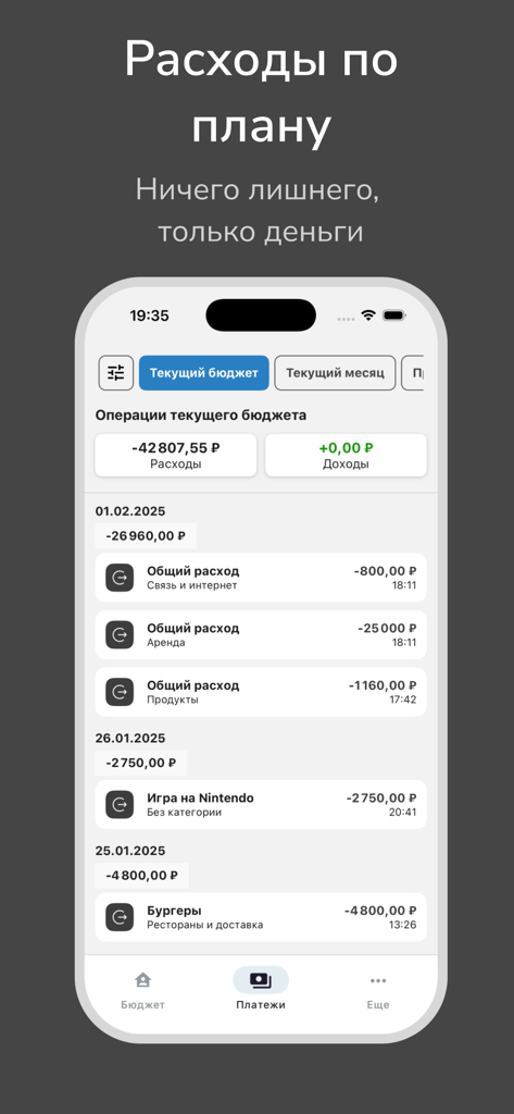 Interface do aplicativo móvel mostrando uma lista detalhada de despesas diárias e totais de orçamento em idioma russo