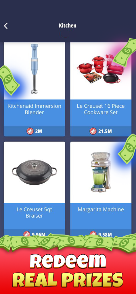 Marble Cash - Tienda de canje de premios de Marble Cash que muestra electrodomésticos de cocina de alta gama y utensilios de cocina disponibles por recompensas de boletos