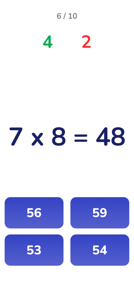 A multiplication quiz screen in the app showing a math problem with multiple choice answers.