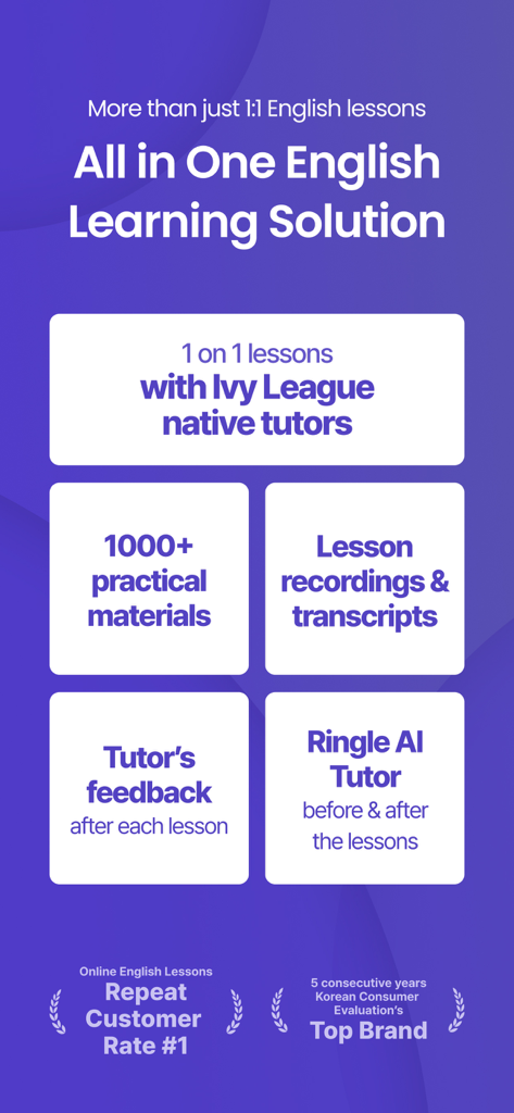 Ringle - 1:1 Online English - Écran marketing de l'application Ringle mettant en avant des fonctionnalités telles que les tuteurs de l'Ivy League et les retours IA