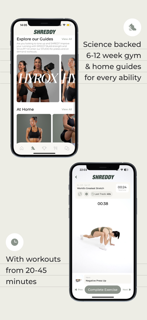 SHREDDY mobile app displaying fitness guides and an active stretching workout with a timer