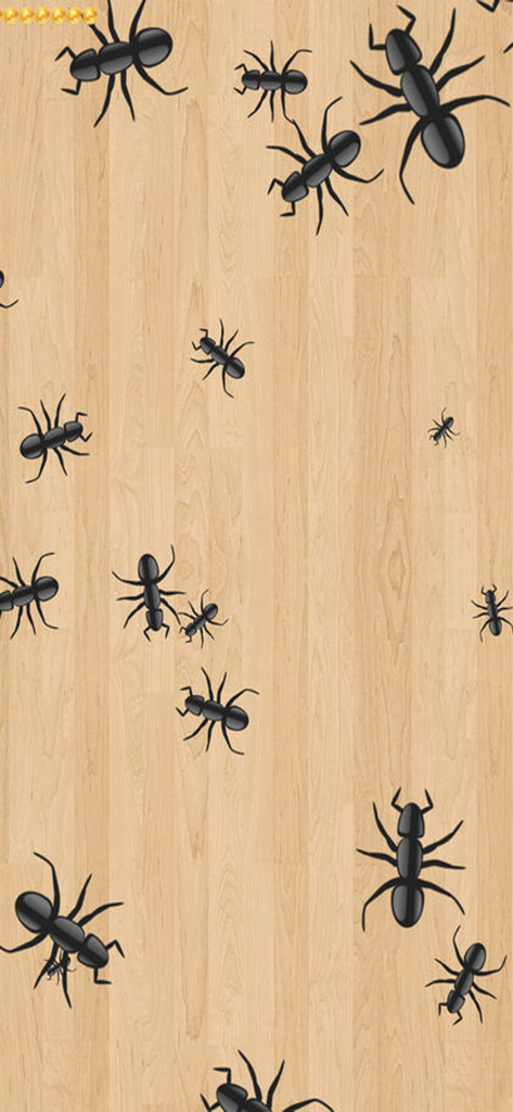 Gameplay screenshot of Smash Ant showing multiple black ants crawling on a light wooden floor background.