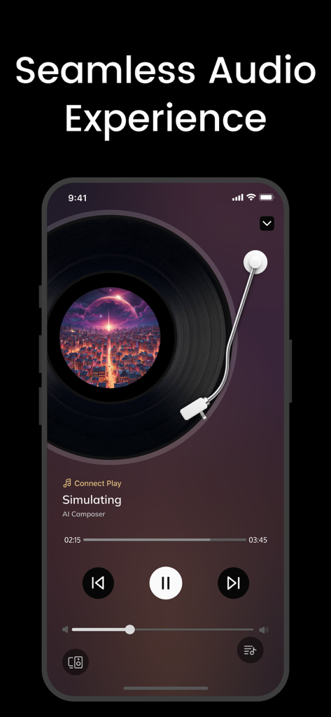 Connect Speaker & Headphones ‣ - A mobile app interface featuring a classic retro vinyl record music player design with playback controls
