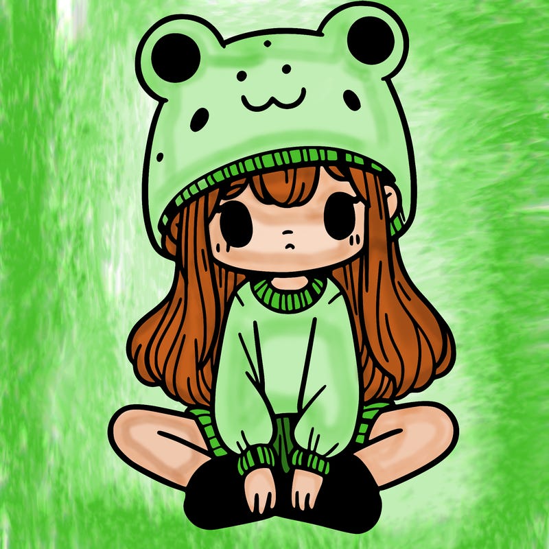 a girl wearing a frog hat and some frog socks