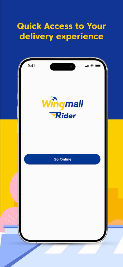 Wingmall Rider - Wingmall Rider mobile app interface with the Go Online button and logo