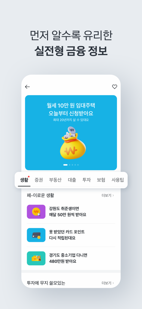 Kakao Pay mobile app interface displaying practical financial information and government subsidy tips in Korean.