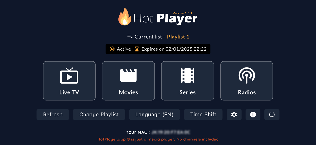 Hot Player - Hot Player app main interface with options for Live TV, Movies, Series, and Radios