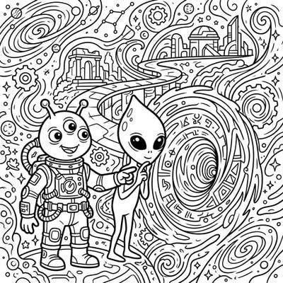 Step into a universe of wonder with our Alien Time Travelers coloring page, perfect for sci-fi enthusiasts of all ages. Explore intricate cosmic landscapes alongside curious extraterrestrial beings ready for your creative touch.