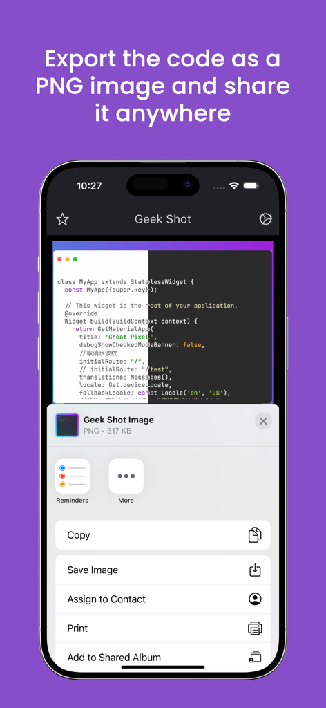 Geek Shot - Geek Shot app interface showing a code snippet being exported as a PNG image via the iOS share menu