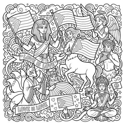 Journey into a vibrant world where legendary beings from across mythologies gather to celebrate love and diversity. This intricate coloring page beautifully captures the spirit of Pride Month through a unique blend of ancient and modern themes.