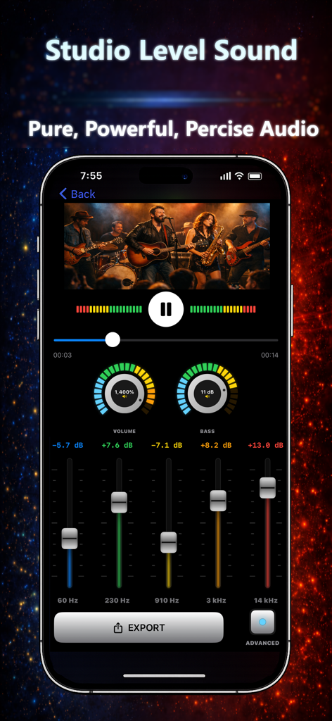 Volume Booster app interface showing a video player with volume bass and equalizer controls