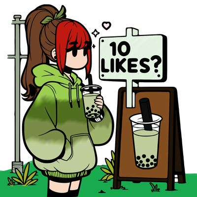 girl with oversized hoodie drinking boba and she has a high ponytail with a sign that says 10likes?