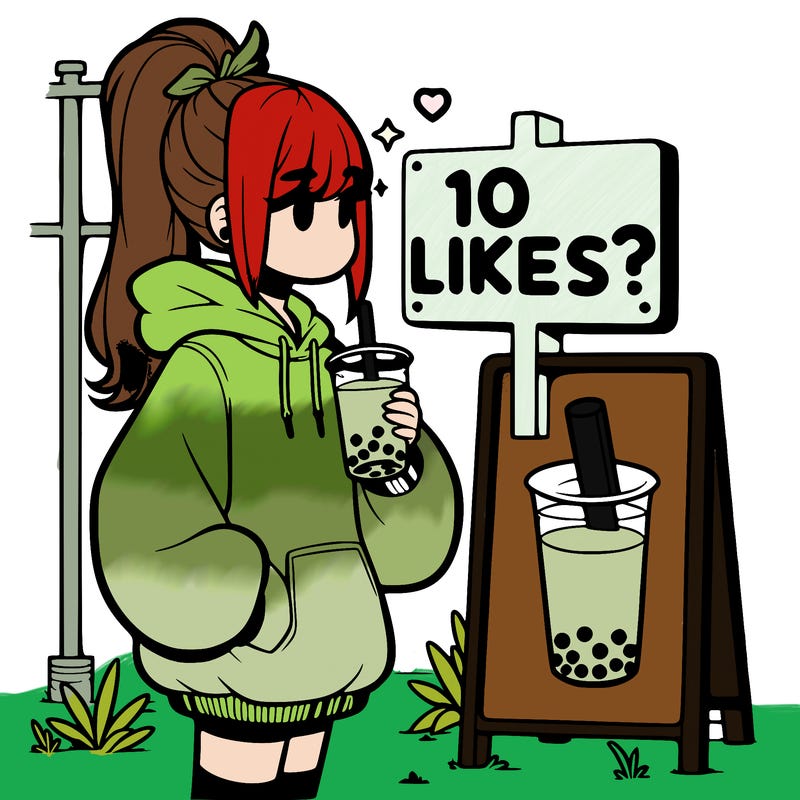 girl with oversized hoodie drinking boba and she has a high ponytail with a sign that says 10likes?