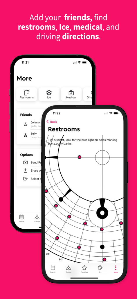 Dust - a guide for burners - Screenshot of the Dust app showing an offline map with restroom locations in Black Rock City.