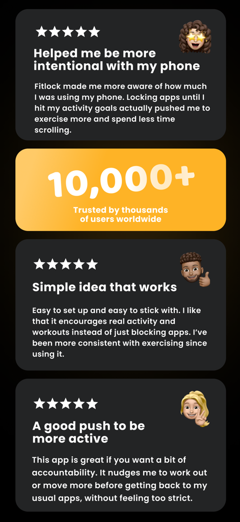 Fitlock: Earn Your Screen Time - Customer testimonials and five star reviews for the Fitlock app highlighting its effectiveness in reducing screen time and increasing activity