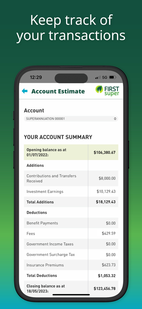 First Super - A mobile screen showing the First Super app account summary with detailed balances and transaction information