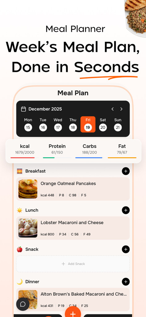 WhatToCook- AI Meal Planner - Weekly meal planning screen showing a daily schedule with recipes and calorie and macro nutrient tracking