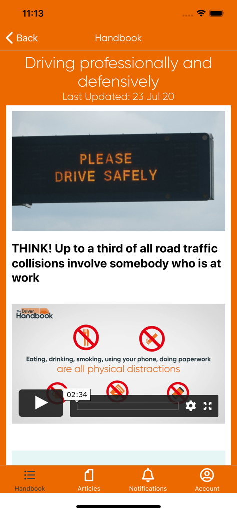 The Driver Handbook app screen showing a training module on professional and defensive driving with safety tips and a video about distractions