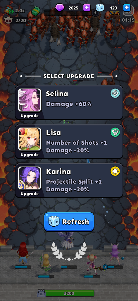 Kings Defender: Tower Defense - In-game menu in Kings Defender Tower Defense showing strategic upgrade options for heroes Selina, Lisa, and Karina during a battle against orcs.