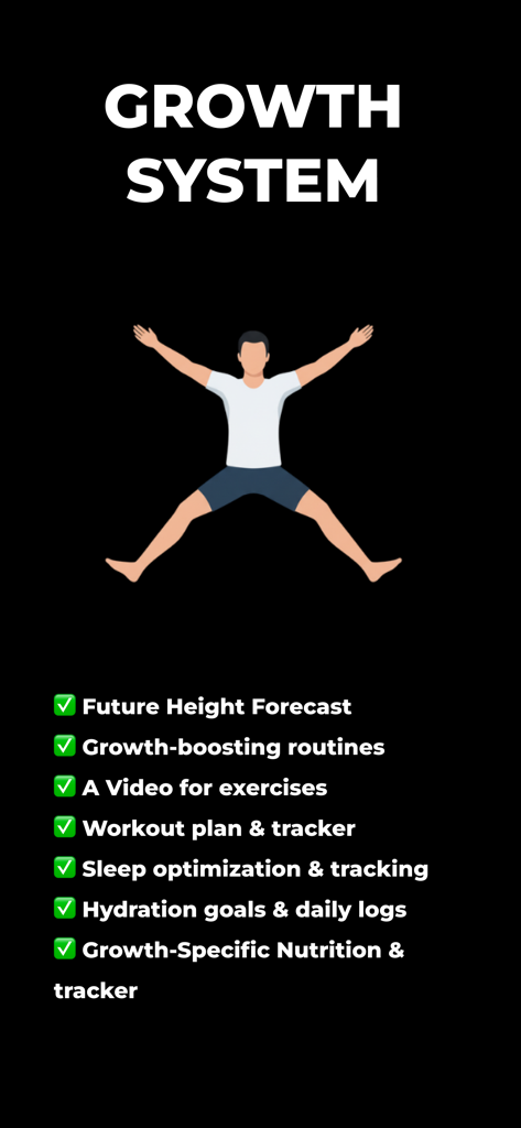 Max Taller: Height Predictor - Max Taller app interface displaying the Growth System feature list with height forecast and workout tracking options