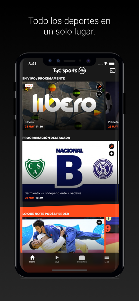 Interfaccia dell'app TyC Sports Play che mostra sport argentini dal vivo e calendari di calcio