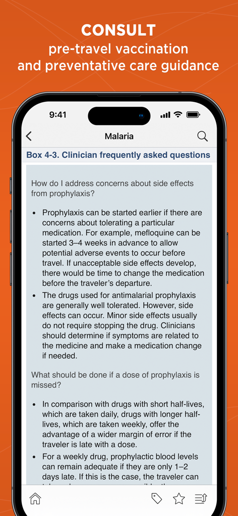 CDC Yellow Book - CDC Yellow Book app interface displaying clinician FAQs for malaria prophylaxis and travel health guidelines.