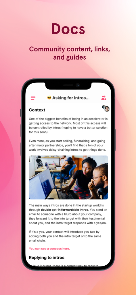 Heartbeat Chat app screen showing a community document with guides and professional networking content
