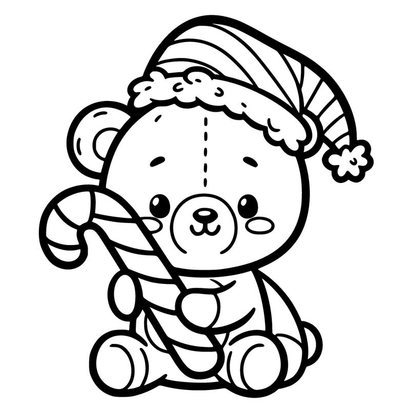 a teddy bear in a santa hat holding a candy cane
