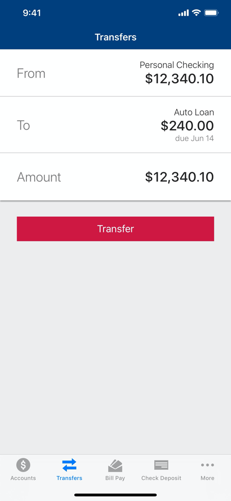 CBTx Mobile Banking - CBTx Mobile Banking app transfers screen showing a money transfer from a checking account to an auto loan