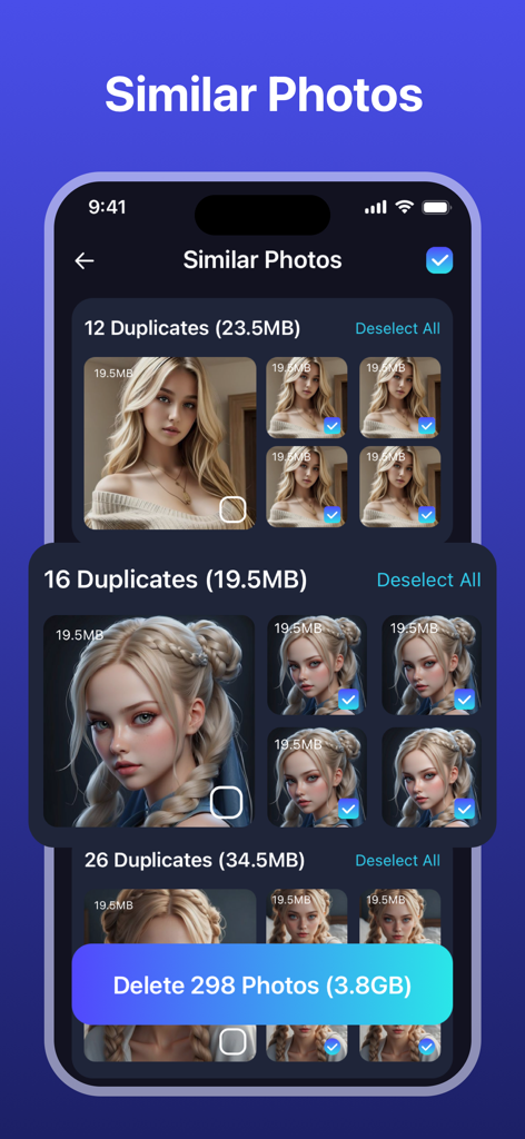 AI Cleaner Master - Interfaz de la aplicación AI Cleaner Master que muestra una lista de fotos similares identificadas y un botón de eliminación masiva para liberar espacio de almacenamiento.