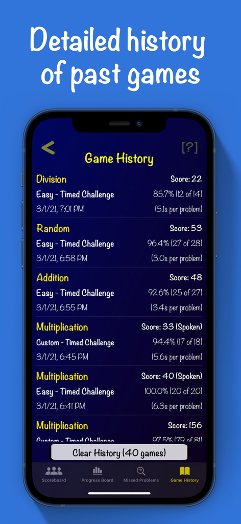 Mental Math Cards Games & Tips - Screenshot of the Mental Math Cards app showing a detailed game history with scores accuracy and time per problem for various arithmetic operations