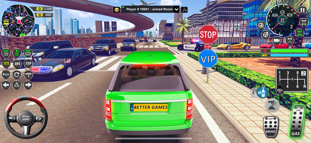 Third-person gameplay view of a green car driving in a detailed city environment with a realistic dashboard UI and steering wheel.