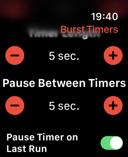 Burst Timers - Burst Timers app on Apple Watch showing timer length and pause between timers settings