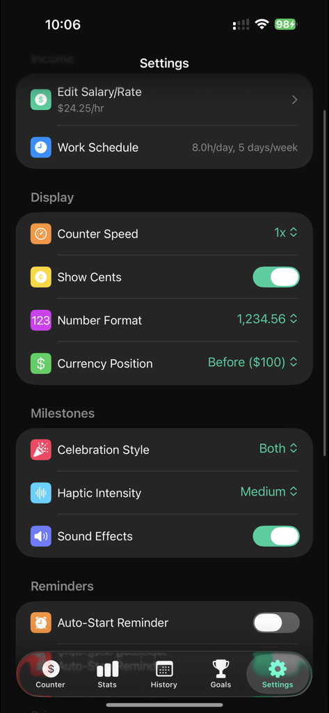 Sallary Online Tracker - Settings screen of the CashFlow salary tracker app showing income and display customization options
