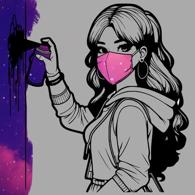 realistic girl with mask spray painting a wall