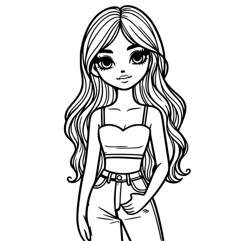 girl with long hair, crop top and jeans