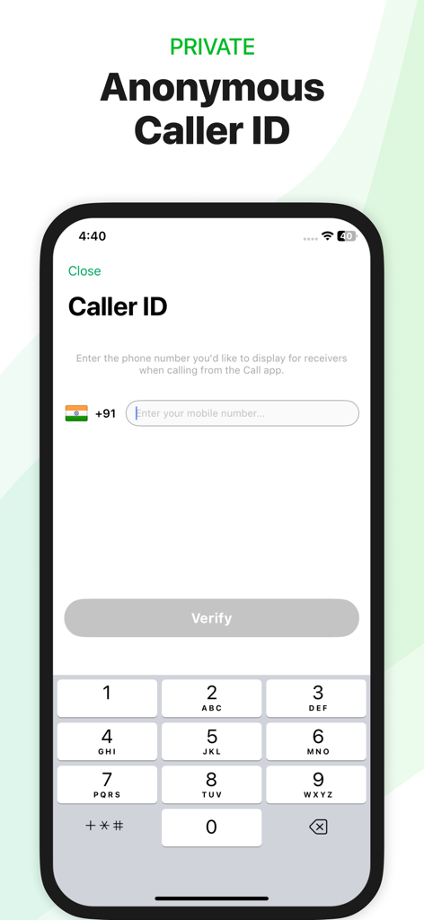 Call Second Phone Number, Text - Smartphone mostrando la pantalla de configuración de identificación de llamadas anónimas con un teclado numérico y campo de entrada de número de teléfono