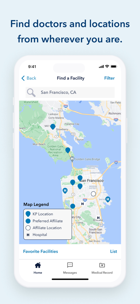 Kaiser Permanente - Screenshot of the Kaiser Permanente app's Find a Facility feature showing a map of medical locations in San Francisco