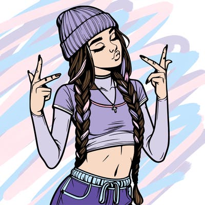 realistic teenage girl with braids and a beanie and crop top doing 🫶🏼