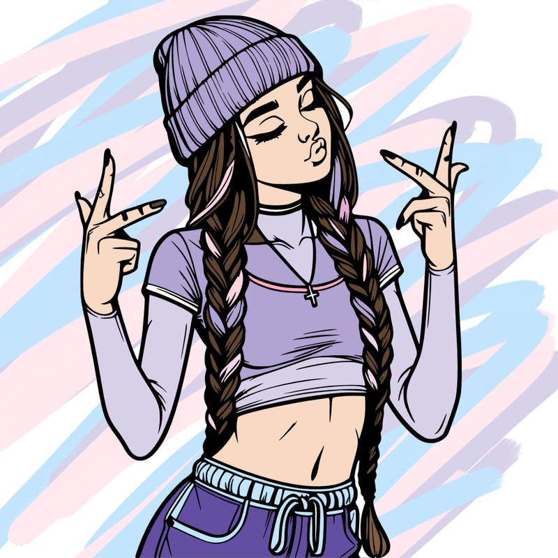 realistic teenage girl with braids and a beanie and crop top doing 🫶🏼